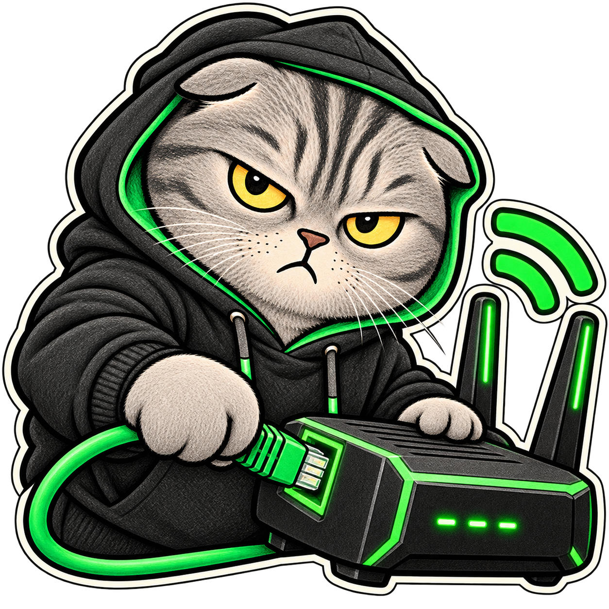 Серый вислоухий кот PWNZ в чёрном худи подключает зелёный кабель к роутеру